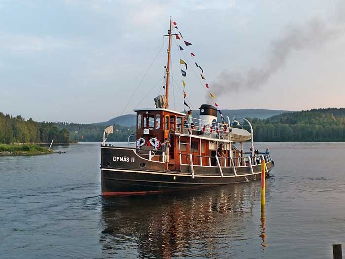 Dynäs två är en bogserbåt med väl tilltagen överbyggnad i trä. I fören sticker styrhytten upp. Från masten strax bakom syns ett flaggspel. I aktern syns ett öppet däck, en livbåt och ur skorstenen kommer grå rök.  med mörkare rök. I bakgrunden syns skogsklädda berg och stränder.