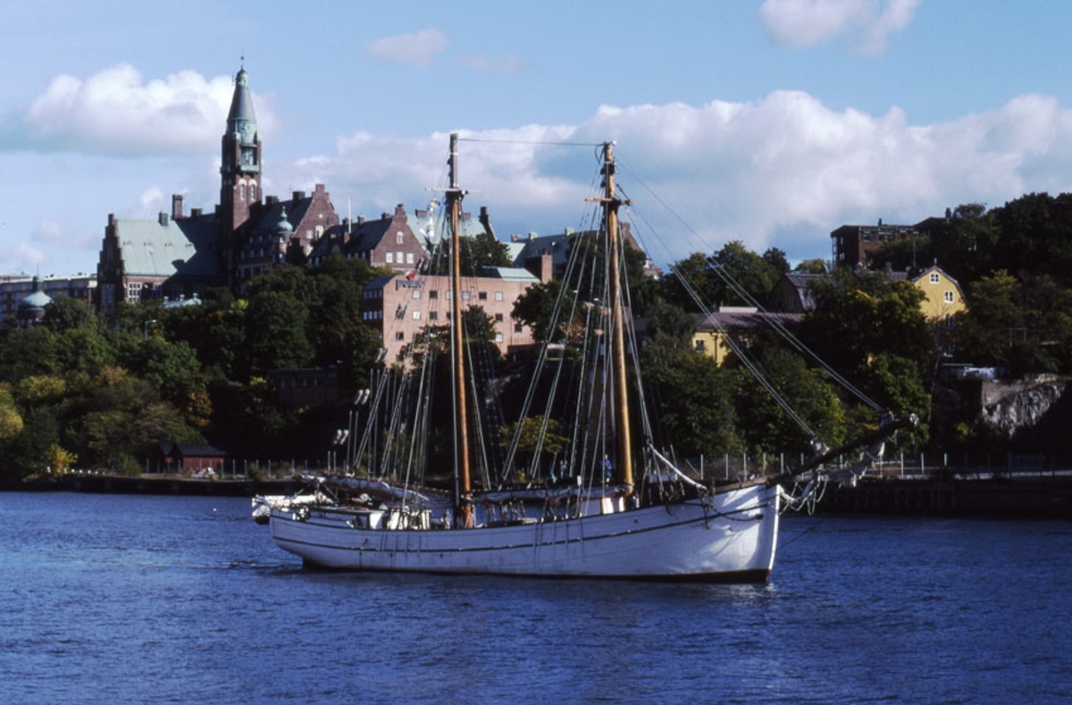 Hulda är ett tvåmastat segelfartyg. Hennes skrov är vitmålat och seglen är nedtagna. På bilden går fartyget i Stockholms inre hamn med Danvikshem i bakgrunden.
