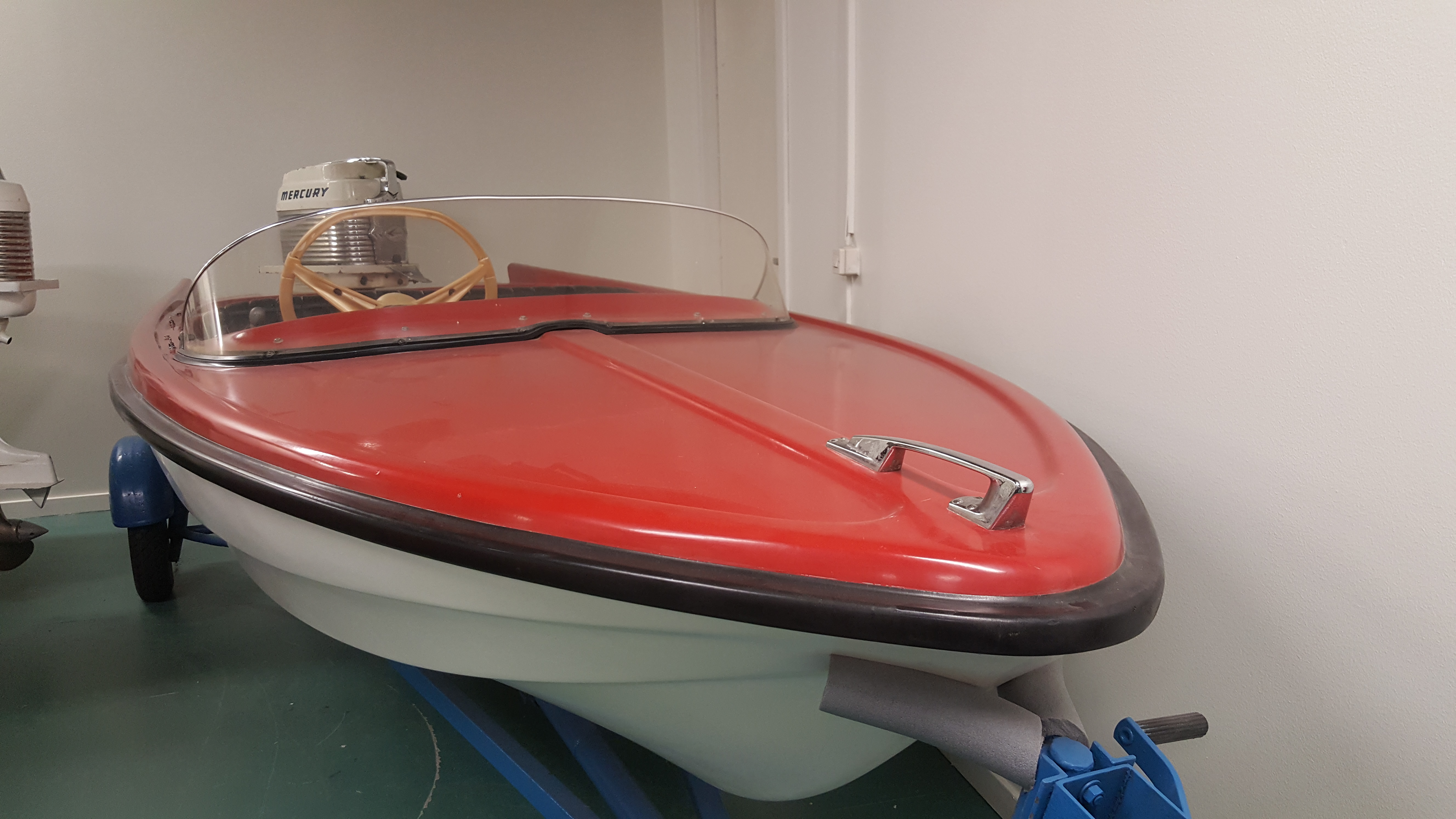 Fisken är en liten motorbåt med utombordare. Hon har vitt skrov och rött däck och ligger i en vagga inomhus.