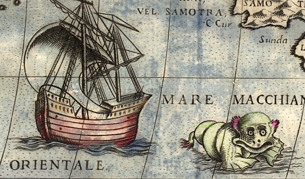 Bild från en gammal karta som visar ett fartyg som seglar förbi ett sjömonster.