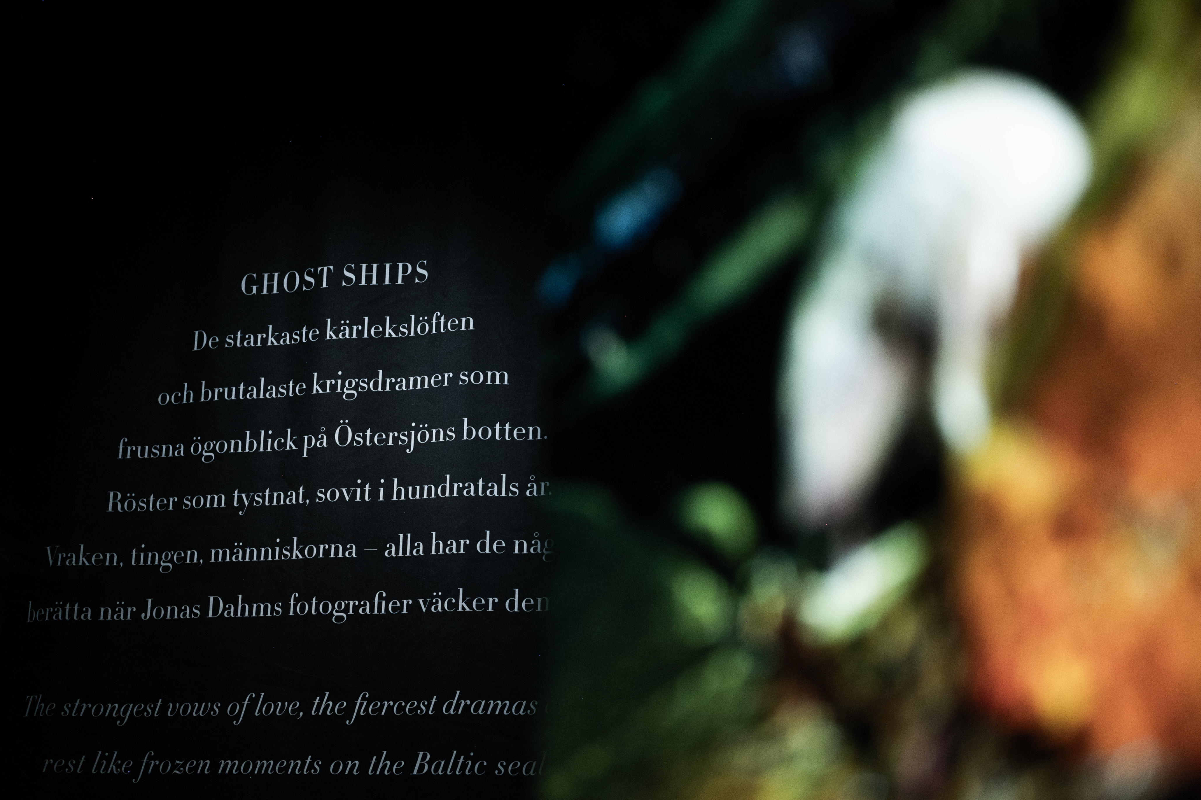 Textpanel med rubriken ”Ghost Ships” i svart bakgrund, beskriver kärlekslöften och krigsdramer bevarade på Östersjöns botten.